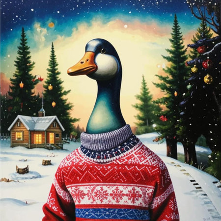 Winter landscape with a duck in a knitted sweater and Christmas decorationsの写真素材