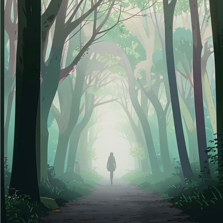 Conceptual illustration of a young man walking in a misty forestの写真素材