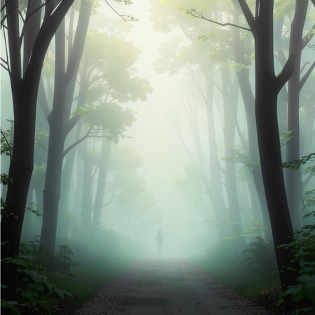 Conceptual image of a young man walking along a path in a misty forestの写真素材