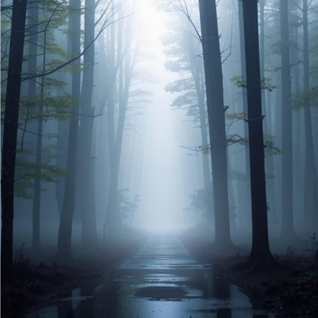 Mysterious foggy forest with a road in the middle.