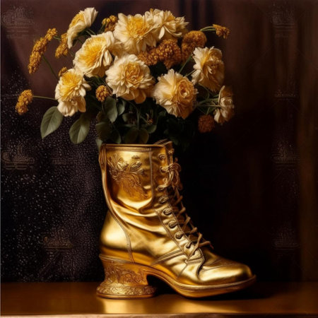 Still life with a bouquet of yellow chrysanthemums in a golden bootの写真素材