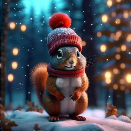 Cute squirrel in a red hat and scarf stands in the forest.の写真素材