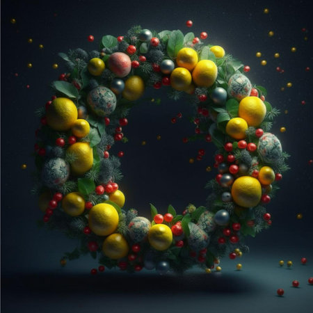Christmas wreath with oranges and berries on a dark background. Copy space.の写真素材