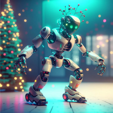 3d rendering of a robot with a Christmas tree in the backgroundの写真素材
