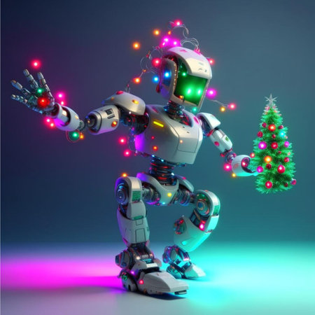 Robot with christmas tree and lights. 3D illustration.の写真素材