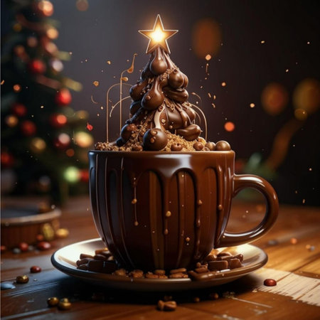 Cup of hot chocolate with christmas tree and lights on backgroundの写真素材