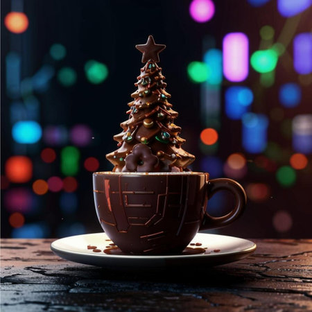 Cup of hot chocolate with christmas tree on bokeh backgroundの写真素材