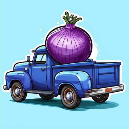 Illustration of a blue pick up truck carrying a purple onion on a blue backgroundの写真素材