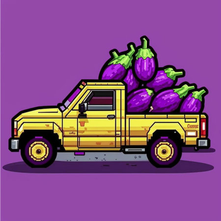 Illustration of a Pickup Truck with Eggplants on Color Backgroundの写真素材