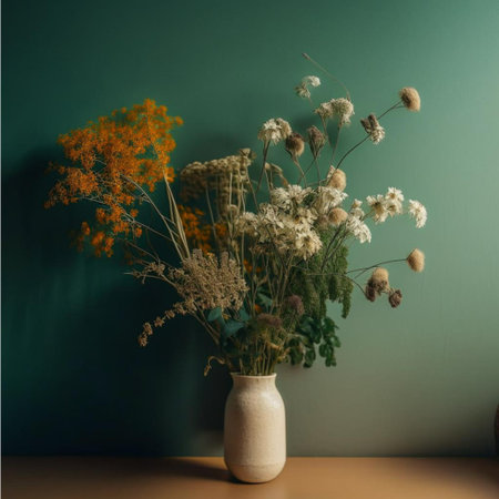 Dried flowers in vase on table in front of wall.の写真素材