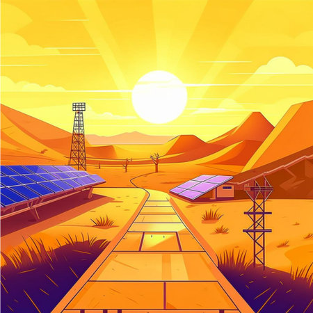 Sunset in the desert with solar panels. Vector cartoon illustration.