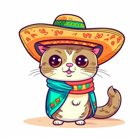Cute cartoon cat in sombrero and scarf. Vector illustration.の写真素材