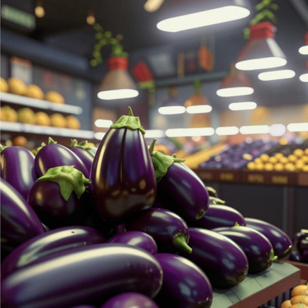 Fresh eggplants on the counter in the supermarket, blurred backgroundの写真素材