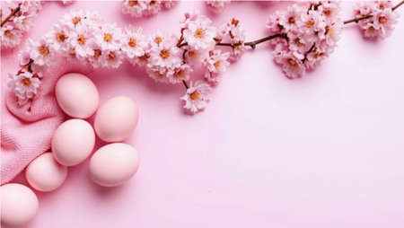Pink easter eggs and cherry blossom branch on pink background.