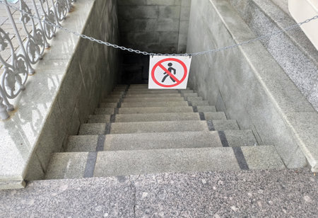 staircase with no entry sign at the entrance of the buildingの写真素材