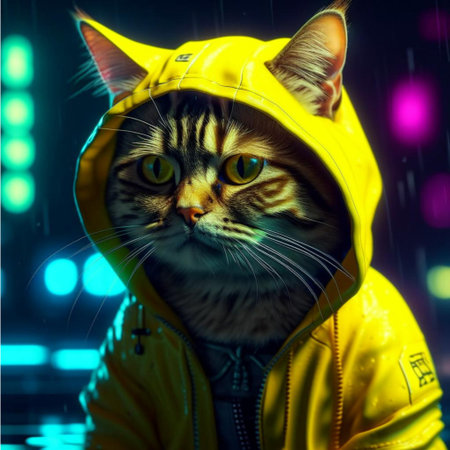 Cute cat in a raincoat on a background of night city.