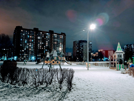 City park at night in winter, Moscow, Russia. Winter landscape.の写真素材