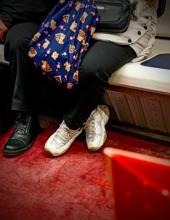 Close-up of a woman sitting on the seat of a trainの写真素材