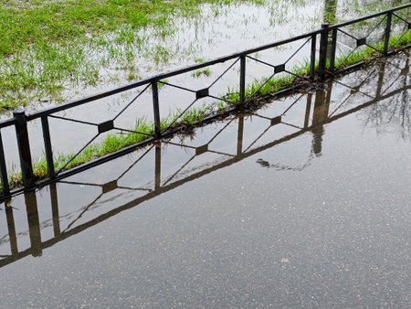 flooded area after heavy rain, closeup of photo.の写真素材