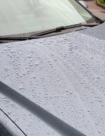 Close up of a car with water drops on the hood after rainの写真素材