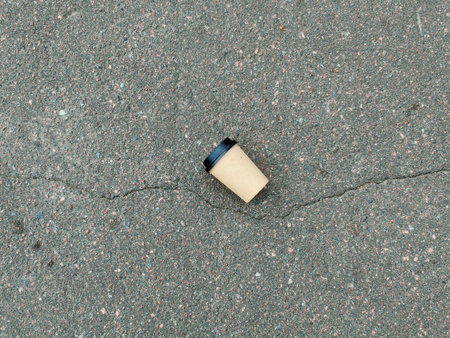 Coffee paper cup on the asphalt, closeup of photoの写真素材