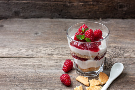 cheesecake with raspberries, mint in glass on old wooden backgroundの写真素材