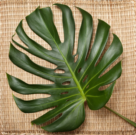 monstera leaf on straw background close-up. view from above