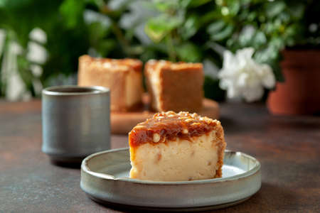 cheesecake snickers in a ceramic plate and a glass of coffee on a brown background. plants in the backgroundの写真素材