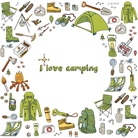 Set of hand drawn camping equipment symbols and icons, hiking, mountain climbing and camping doodle elements, vector illustration, camp clothes, shoes, gear and camp associated thingsのイラスト素材
