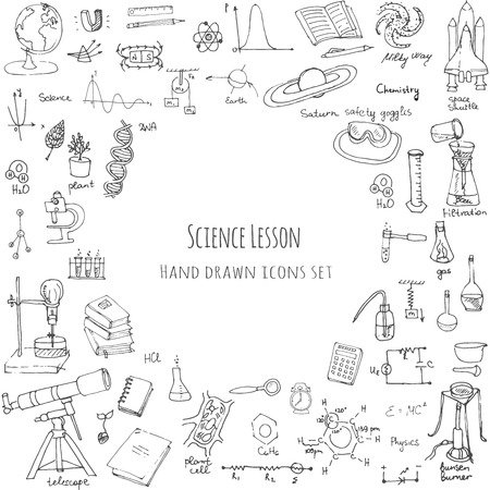 Freehand drawing school items, Back to School Science theme, Hand drawing set of school supplies sketchy doodles vector illustration, doodles, science, physics, calculus, chemistry, biology, astronomyのイラスト素材