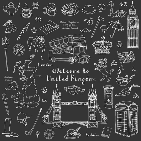 doodle United Kingdom set illustration UK icons  Welcome to London elements British symbols collectionのイラスト素材