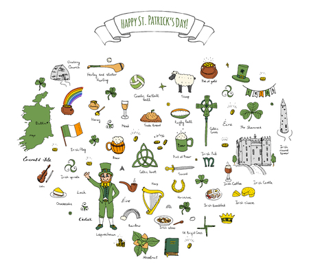 Happy St. Patrick's Day!  doodle Ireland set illustration Sketchy Irish traditional food icons elements Flag Map Celtic Cross Knot Castle Leprechaun Shamrock Harp Pot of goldのイラスト素材