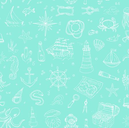 Seamless background  doodle Boat and Sea icons set illustration Sea life elements Ship symbols collection Marine life Nautical design Underwater Sea animals Sea map Spyglass Magnifierのイラスト素材