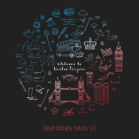 doodle United Kingdom set illustration UK icons  Welcome to London elements British symbols collectionのイラスト素材