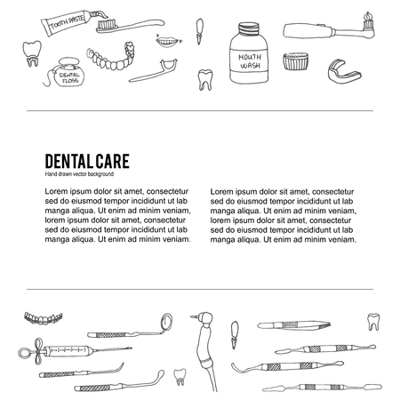 dental care icons, Dental symbols, Dental floss, teeth, mouth, tooth paste, tooth brush, dentist instruments doodle icons, sketch, brilliant smile, tooth washのイラスト素材
