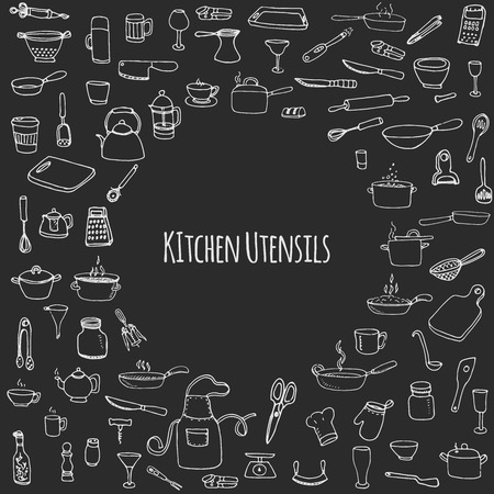 Hand drawn doodle Kitchen utensils set Vector illustration Sketchy kitchen ware icons collection Isolated appliance kitchen tools symbols Cutlery icons Cooking equipment Tea pot Pan Knife Chef hat Cupのイラスト素材