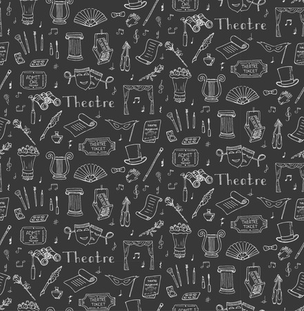 Seamless background hand drawn doodle Theatre set Vector illustration Sketchy theater icons Acting performance elements Ticket Masks Lyra Flowers Curtain stage Musical notes Pointe shoes Make-up toolsのイラスト素材