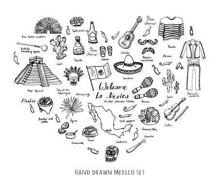 Hand drawn doodle Mexico set elements Viva Mexico means Live long Mexico Caballito - tequila short glass Vihuela - guitar Vector illustration Sketchy mexican food icons  Welcome to Mexicoのイラスト素材