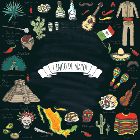 Cinco De Mayo hand drawn cartoon collection Doodle Mexico set Vector illustration Sketchy mexican food icons United Mexican States elements Maracas Sombrero Maya Pyramid Aztec Tequila Chili pepperのイラスト素材