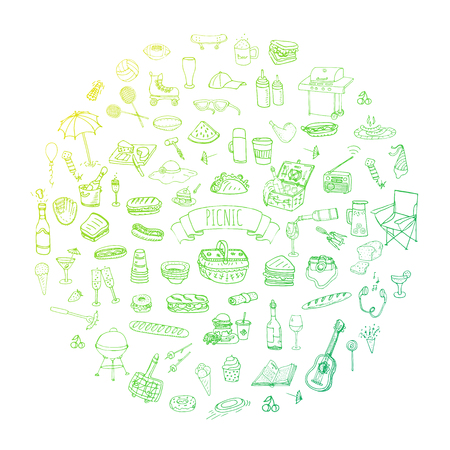 Hand drawn doodle Picnic icons set Vector illustration barbecue sketchy symbols collection Cartoon bbq concept elements Summer picnic Umbrella Guitar Food basket Drinks Wine Sandwich Sport activitiesのイラスト素材