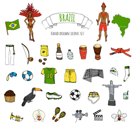 Hand drawn doodle Welcome to Brazil set Vector illustration Sketchy Brazilian traditional icons Cartoon Brazil typical elements collection Landmark Football ball cleats goal Capoeira Samba Orchidのイラスト素材