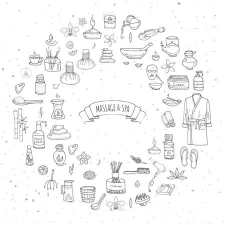 Hand drawn doodle Massage and Spa icons set Vector illustration relaxing symbols collection Cartoon beauty care concept elements health care Wellness treatment Body massage Lifestyle Skin care Spaのイラスト素材