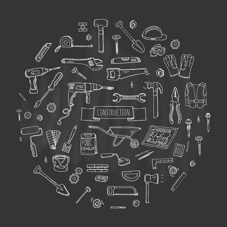 Hand drawn doodle Construction tools set Vector illustration building icons House repair icons concept collection Modern sketch style labels of house remodel gear elements and symbols Home repair toolのイラスト素材
