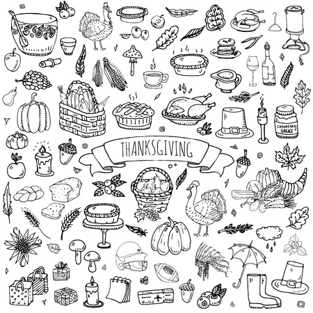 Hand drawn doodle Thanksgiving icons set Vector illustration autumn symbols collection Cartoon various celebration elements: turkey, hat, cranberry, vegetables, pumpkin pie, leavesのイラスト素材