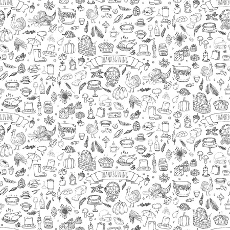 Seamless background. Hand drawn doodle Thanksgiving icons. Vector illustration autumn symbols collection. Cartoon various celebration elements: turkey, hat, cranberry, vegetables, pumpkin pie, leavesのイラスト素材