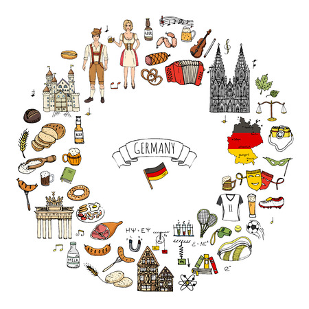 Hand drawn doodle set of Germany icons. Vector illustration set. Cartoon German landmark. Sketchy Europe travel elements collection: Sausage, Beer, Wheat bread, football, tennis, classic music, castleのイラスト素材