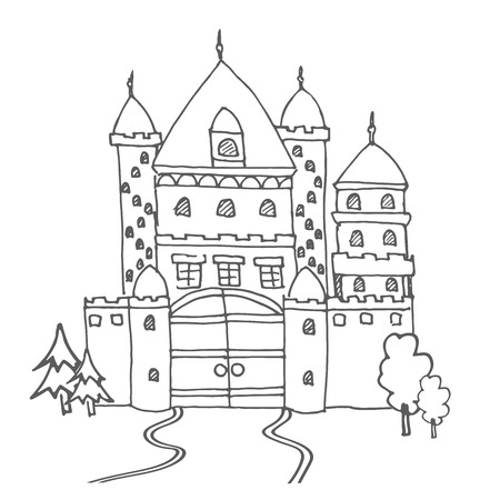 Hand drawn cartoon fairy tale castle icon. Vector illustration. Doodle style Castle for princess. Sketch tree, fairytale, game icon, cute magic kingdom. Old building facade. Tower with flags.のイラスト素材