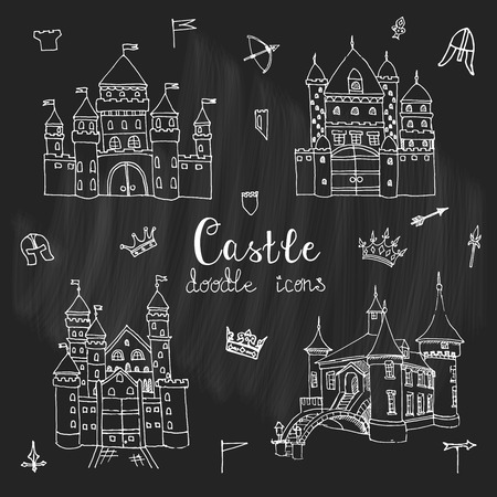 Hand drawn cartoon fairy tale castle icons set. Vector illustration. Doodle style Castle for princess. Sketch fairytale game icons - crossbow, arrow, knight helmet, flag, crown. Old fortress facade.のイラスト素材
