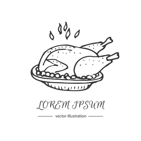 Hand drawn doodle Thanksgiving roasted turkey icon. Vector illustration autumn holiday symbol collection. Cartoon celebration element: hot baked turkey on the plate, cranberry  sauce, fried chicken.のイラスト素材