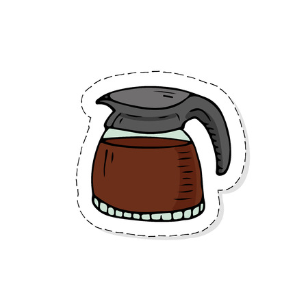 Hand drawn doodle Coffee pot patches icon. Vector illustration beverage symbol collection. Isolated on white background. Cartoon hot drink element: coffee pot filled hot coffeeのイラスト素材